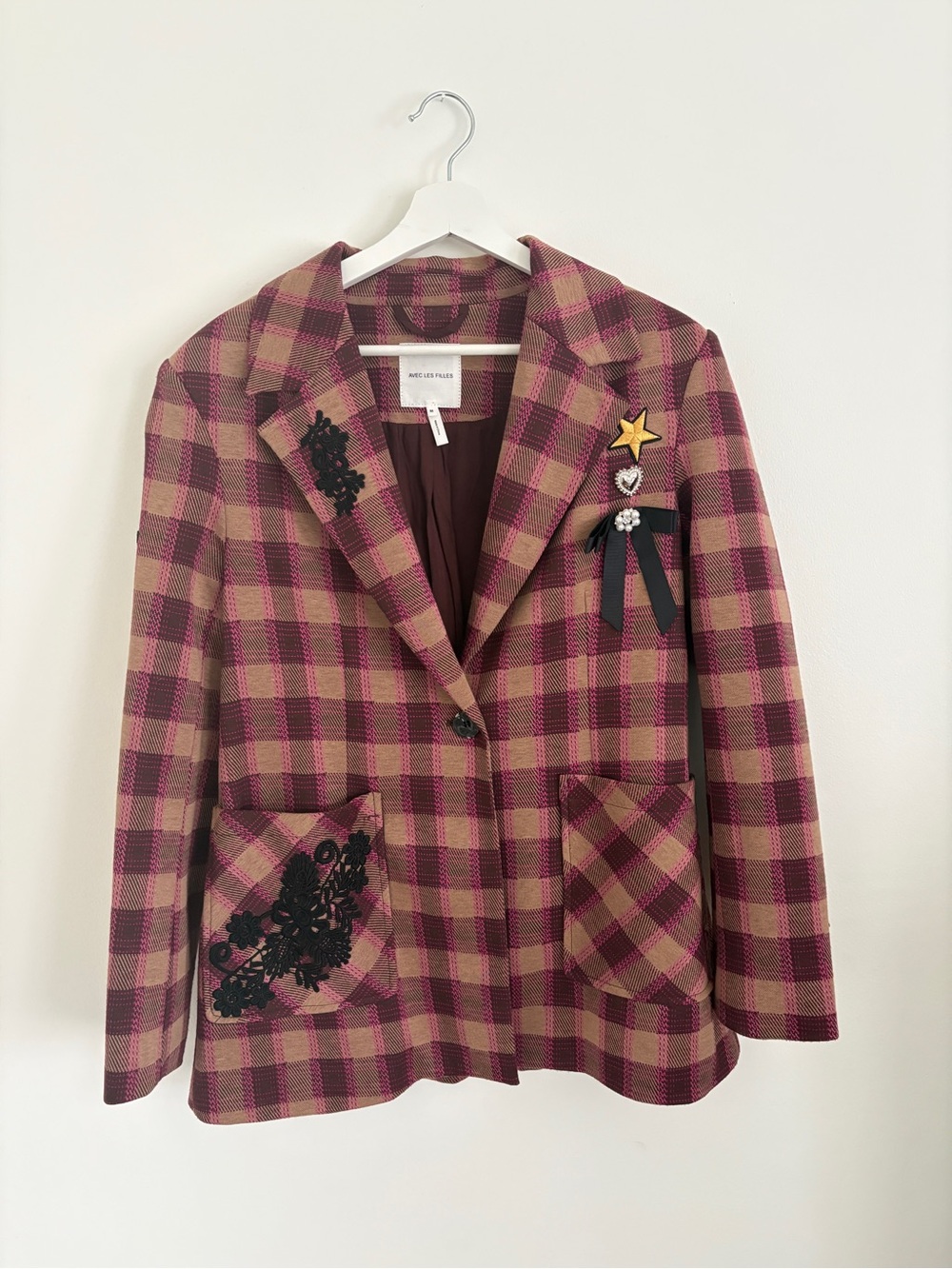 Avec Les Filles Plaid Blazer in Burgundy and Tan with Embellishments